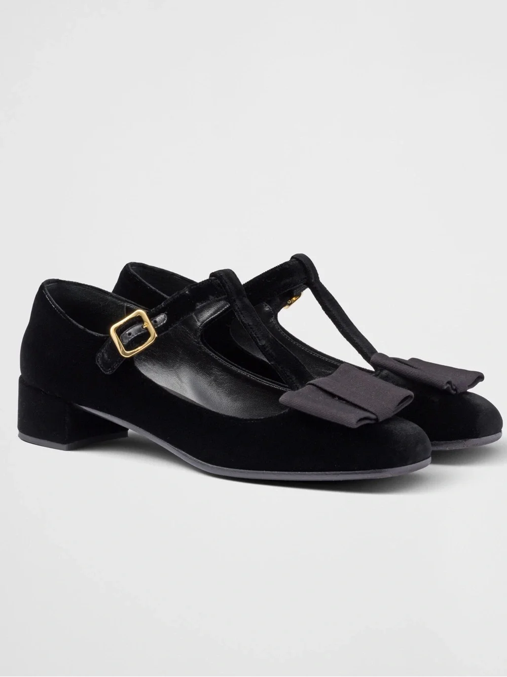 Prada Black Velvet T-Bar Mary Jane Pumps w/ Bow & Gold Hardware NWOT